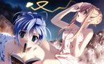  :o absurdres bare_shoulders blonde_hair blue_eyes blue_hair book breasts character_request cleavage collarbone dutch_angle est_fragrance flashlight green_eyes hair_bun highres holding kashimashi_communication kuroki_madoka long_hair medium_breasts mouth_hold multiple_girls naked_towel night night_sky nude onsen open_book open_mouth outdoors profile reading senomoto_hisashi sidelocks sky small_breasts star_(sky) towel tree 