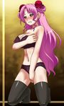  awa black_legwear blush bra breasts double_bun earrings jewelry large_breasts long_hair panties pink_eyes pink_hair seikon_no_qwaser solo thighhighs tsujidou_miyuri underwear 