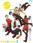  amada_ken animal aragaki_shinjirou armband bad_id bad_pixiv_id beanie black_hair blue_eyes blue_hair bow brown_eyes brown_hair digital_media_player dog grey_hair hat headphones iori_junpei koromaru male_focus mochizuki_ryouji multiple_boys persona persona_3 pharos red_eyes ribbon sanada_akihiko school_uniform simple_background soul126 suspenders sweatdrop trench_coat yuuki_makoto 