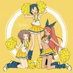  armpits blue_hair braid brown_hair cheerleader closed_eyes green_eyes hair_ribbon inazuma_eleven_(series) inazuma_eleven_go l_hakase leg_warmers long_hair midriff multiple_girls navel open_mouth pom_poms red_hair ribbon seto_midori short_hair smile sorano_aoi twin_braids yamana_akane 