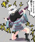  bass_guitar boots crossover detroit_metal_city grey_background hair_bobbles hair_ornament highres homika_(pokemon) instrument kazami_aoi one_knee parody platform_footwear playing_guitar_with_teeth pokemon pokemon_(game) pokemon_bw2 shirt solo striped striped_shirt translated white_hair 