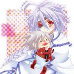  1girl ahoge blazblue blush braid closed_eyes eyepatch hug long_hair nu-13 ragna_the_bloodedge red_eyes short_hair silver_hair single_braid yuukikorosuke 