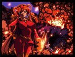 anpanman anpanman_(character) boxing_gloves breasts cape covered_nipples fire hataraki_ari large_breasts orange_hair smile solo twintails wreckage 