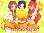  armpits blue_hair braid brown_hair cheerleader green_eyes hair_ribbon inazuma_eleven_(series) inazuma_eleven_go long_hair midriff multiple_girls navel one_eye_closed open_mouth pom_poms red_hair ribbon seto_midori short_hair smile sorano_aoi tamaki26 twin_braids yamana_akane 