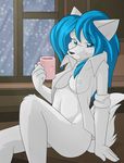  blue_eyes blue_hair blush bottomless breasts canine clothed clothing coffee female fur furry_wolf hair half-dressed helsy looking_at_viewer mammal pinup pose shirt smile solo white_fur 