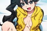  :d araragi_karen bed_sheet black_eyes black_hair breasts fang hairu hood hooded_track_jacket hoodie jacket long_hair looking_at_viewer monogatari_(series) naked_hoodie nisemonogatari open_clothes open_mouth open_shirt ponytail shirt side_ponytail small_breasts smile solo track_jacket 