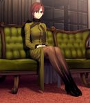  aozaki_touko couch game_cg glasses high_heels highres koyama_hirokazu long_legs mahou_tsukai_no_yoru pantyhose red_eyes red_hair shoes short_hair solo 