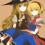  alice_margatroid bad_id bad_pixiv_id blonde_hair blue_eyes bow brown_background capelet carrying hair_bow hairband hat kirisame_marisa lemontea long_hair multiple_girls orange_eyes simple_background smile touhou witch_hat 