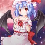  bat_wings blush brooch chain fang full_moon hat jewelry kanna_hisashi moon red_eyes red_moon remilia_scarlet short_hair skirt skirt_set slit_pupils smile solo touhou wings wrist_cuffs 