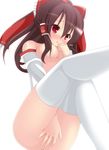  bad_id bad_pixiv_id bow breasts brown_hair chimunge covering covering_crotch detached_sleeves hair_bow hair_tubes hakurei_reimu highres long_hair nude red_eyes small_breasts solo thighhighs touhou white_legwear 