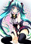  earrings green_eyes green_hair hatsune_miku heart jewelry long_hair musical_note pecorin sitting solo spring_onion thighhighs twintails very_long_hair vocaloid 