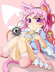  :&lt; animal_ears backbeard backpack bag cat_ears cat_tail hairband heart kemonomimi_mode kokujuuji komeiji_satori panties pantyshot pantyshot_(sitting) pink_hair pink_panties purple_eyes randoseru shirt short_hair sitting skirt solo striped striped_panties tail third_eye touhou underwear 