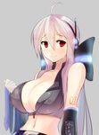  ahoge bad_id bad_pixiv_id bare_shoulders bow breasts cleavage covered_nipples crop_top detached_sleeves hair_bow headphones huge_breasts long_hair magister_(medical_whiskey) midriff navel necktie necktie_removed red_eyes revision silver_hair smile solo tattoo unzipped very_long_hair vocaloid voyakiloid yowane_haku 