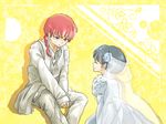  ^_^ black_hair braid closed_eyes dress formal genderswap genderswap_(mtf) multiple_girls ranma-chan ranma_1/2 red_eyes red_hair saotome_ranma shichi_(fumitukiliu2) short_hair single_braid smile suit tendou_akane veil wedding_dress 