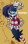  bare_shoulders blue_hair blue_skin bone breasts brown_background character_name corset detached_collar detached_sleeves leaning_forward leviathan_(skullgirls) looking_at_viewer no_shoes pantyhose red_eyes sepia_background side_ponytail skirt skull skullgirls small_breasts smile solo squigly_(skullgirls) stitched_mouth stitches striped striped_legwear tamachro twintails undead zombie zoom_layer 