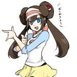  \m/ bishoujo_senshi_sailor_moon blue_eyes bow brown_hair double_bun long_hair looking_at_viewer mei_(pokemon) nuana pantyhose parody pointing poke_ball pokemon pokemon_(game) pokemon_bw2 pose raglan_sleeves simple_background skirt solo translated tsuki_ni_kawatte_oshioki_yo twintails visor_cap white_background 