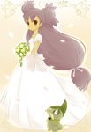  1girl axew brown_eyes dress eyes_closed flower iris_(pokemon) pokemon purple_hair wedding_dress 