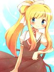  air blonde_hair blue_eyes highres kabuyou kamio_misuzu long_hair ponytail school_uniform solo 