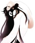 1girl alternate_hair_color arched_back arrancar black_hair bleach cyan_sung-sun expressionless eyelashes facial_mark long_hair purple_eyes simple_background sleeves_past_wrists solo very_long_hair white_background youda 