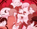  &gt;_&lt; 4girls amagi_yukiko androgynous ass bikini blush breasts cabbie_hat closed_eyes collar dark_persona dog_collar dress expressionless hanamura_yousuke hat horror_(theme) houndstooth hug jacket kujikawa_rise kuma_(persona_4) labcoat monochrome multiple_boys multiple_girls narukami_yuu o3o oomochi open_mouth persona persona_4 pink princess red reverse_trap satonaka_chie scar school_uniform serafuku shadow_(persona) shirogane_naoto short_hair skirt small_breasts smile swimsuit tatsumi_kanji tiara track_jacket zipper 