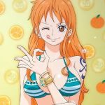  1girl bikini_top breasts brown_eyes female large_breasts long_hair looking_at_viewer money_gesture nami_(one_piece) one_eye_closed one_piece orange_hair tongue tongue_out 