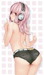  ass bad_id bad_pixiv_id belt blush breasts character_name cutoffs denim denim_shorts dimples_of_venus from_behind headphones heart highres long_hair looking_back medium_breasts nitroplus pink_hair red_eyes short_shorts shorts simple_background solo super_sonico topless white_background zzzalam 
