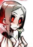  bare_shoulders biting black_hair black_sclera collar cuffs flower g=hikorou hair_down headwear_removed holding metal_collar painwheel_(skullgirls) petals portrait red_eyes scar shackles short_hair sketch skullgirls sleeveless solo white_background 