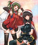  bare_shoulders beatmania beatmania_iidx belt black_hair black_legwear breasts capelet detached_sleeves garter_straps green_hair hat highres hinazuki_ririna hishimiya_tsugaru large_breasts long_hair multiple_girls open_mouth panties ponytail pouch red_eyes sack santa_hat smile taishi_(picchiridou) thighhighs underwear white_panties 