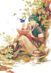  ame_(conronca) blue_eyes blue_hair book boots bug butterfly goggles insect male_focus open_book original pants sitting solo tree under_tree white_background 