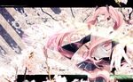 character_name cherry_blossoms detached_sleeves foreshortening green_eyes hatsune_miku headset katase_waka long_hair necktie object_namesake open_mouth outstretched_arms piano_keys pink_hair sakura_miku skirt solo spread_arms thighhighs twintails very_long_hair vocaloid 