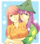  1boy 1girl blue_eyes breasts green_eyes harley_(pokemon) hat hug lowres open_mouth pokemon purple_hair red_hair saori_(pokemon) smile 