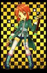  boots checkered checkered_background coat dual_wielding full_body holding knee_boots male_focus mao_(tales) red_eyes red_hair shorts smile solo tachibana_beni tales_of_(series) tales_of_rebirth thighhighs tonfa weapon white_legwear 