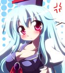  anger_vein blue_hair blush breasts cleavage geo_(yukishitadou) halftone halftone_background hat kamishirasawa_keine large_breasts long_hair looking_at_viewer puffy_sleeves red_eyes short_sleeves simple_background solo spoken_anger_vein touhou upper_body 