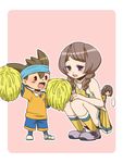  braid brown_hair cheerleader inazuma_eleven_(series) inazuma_eleven_go izumi_kikaku md5_mismatch nishizono_shinsuke pom_poms purple_eyes shindou_takuto short_hair skirt smile twin_braids yamana_akane 