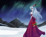  arceonn aurora bare_shoulders bell blue_hair christmas detached_sleeves dress from_behind gift hair_bell hair_ornament hair_ribbon holly landscape long_dress long_hair looking_back mountain original purple_eyes ribbon sky snow solo star_(sky) starry_sky village 