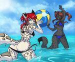  blue_eyes breasts brown_hair butt clothed clothing eyewear feline female fluffy_tail glasses hair leopard long_hair mammal mingchee nipples ocean red_hair sea skimpy swimsuit wardrobe_malfunction water whiskers 