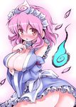  adapted_costume ass bare_shoulders blue_dress blush breasts choker cleavage detached_sleeves dress frills ghost givuchoko headdress highres large_breasts open_clothes open_dress open_mouth petals pink_eyes pink_hair saigyouji_yuyuko short_hair solo tears touhou triangular_headpiece 