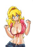  1girl alternate_clothing alternate_costume artist_request blonde_hair blue_eyes breasts cleavage crown earrings jewelry large_breasts mario_(series) mugi-pjm nintendo princess_peach super_mario_bros. 