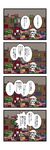  4koma bat_wings black_wings blue_hair book bookshelf chibi comic dora_ita hat head_wings highres koakuma long_hair multiple_girls necktie red_hair remilia_scarlet shelf sweatdrop touhou translated wings 