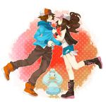  1boy 1girl assertive blush brown_hair couple ducklett female heart incipient_kiss long_hair lowres male pokemon pokemon_(game) pokemon_bw ponytail touko_(pokemon) touya_(pokemon) wristband 