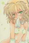  alternate_costume arm_warmers blonde_hair clenched_teeth green_eyes highres marker_(medium) mizuhashi_parsee mouth_hold navel nishina_masato pointy_ears ribbon ribbon_in_mouth scarf short_hair slingshot_swimsuit solo swimsuit teeth touhou traditional_media 