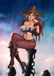  :3 anchor bare_shoulders boots breasts brown_eyes brown_hair candy candy_cane cleavage crossed_legs food hat high_heels highres holding holding_candy_cane instant_ip knee_boots large_breasts league_of_legends legs long_hair navel pirate_hat sarah_fortune shoes sitting solo sunlight thighs 