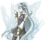  arceonn armlet black_legwear blue_eyes blue_hair detached_collar headphones long_hair microphone microphone_stand music musical_note ring_suzune singing skirt solo thighhighs very_long_hair vocaloid zettai_ryouiki 