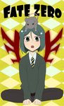  animal animal_on_head argyle argyle_background bangs black_eyes black_hair command_spell fate/zero fate_(series) indian_style male_focus mouse necktie on_head parted_bangs sitting waver_velvet yellow_background yu_(13377) 