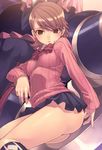  absurdres ass blush brown_eyes brown_hair highres lying no_panties on_side persona persona_3 ribbon school_uniform short_hair skirt solo sweater takeba_yukari tasaka_shinnosuke 