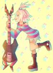  bad_id bad_pixiv_id bare_shoulders bass_guitar blue_eyes boots dress gym_leader hair_bobbles hair_ornament homika_(pokemon) instrument piany pink_hair pokemon pokemon_(game) pokemon_bw2 short_dress solo striped striped_dress themed_object topknot 