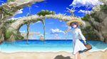  bad_id bad_pixiv_id bag blue_eyes blue_hair cloud day dress fantasy hand_on_headwear hat mountain original shore short_hair sky solo straw_hat thoma+ tree water white_dress 