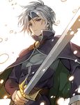  blue_eyes blue_headband cape grey_hair headband komecchi madou_monogatari male_focus puyopuyo schezo_wegey silver_hair solo sword weapon 