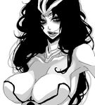  1girl armpits arrancar bleach breasts bustier cleavage franceska_mila_rose large_breasts lips long_hair lowres monochrome solo wavy_hair youda 