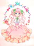  :o bare_shoulders blue_eyes blush clover clover_hair_ornament crown dress ech flower four-leaf_clover four-leaf_clover_hair_ornament gown hair_ornament head_tilt long_hair looking_at_viewer open_mouth original pink_hair sleeveless sleeveless_dress solo twintails wavy_hair wreath wrist_cuffs 